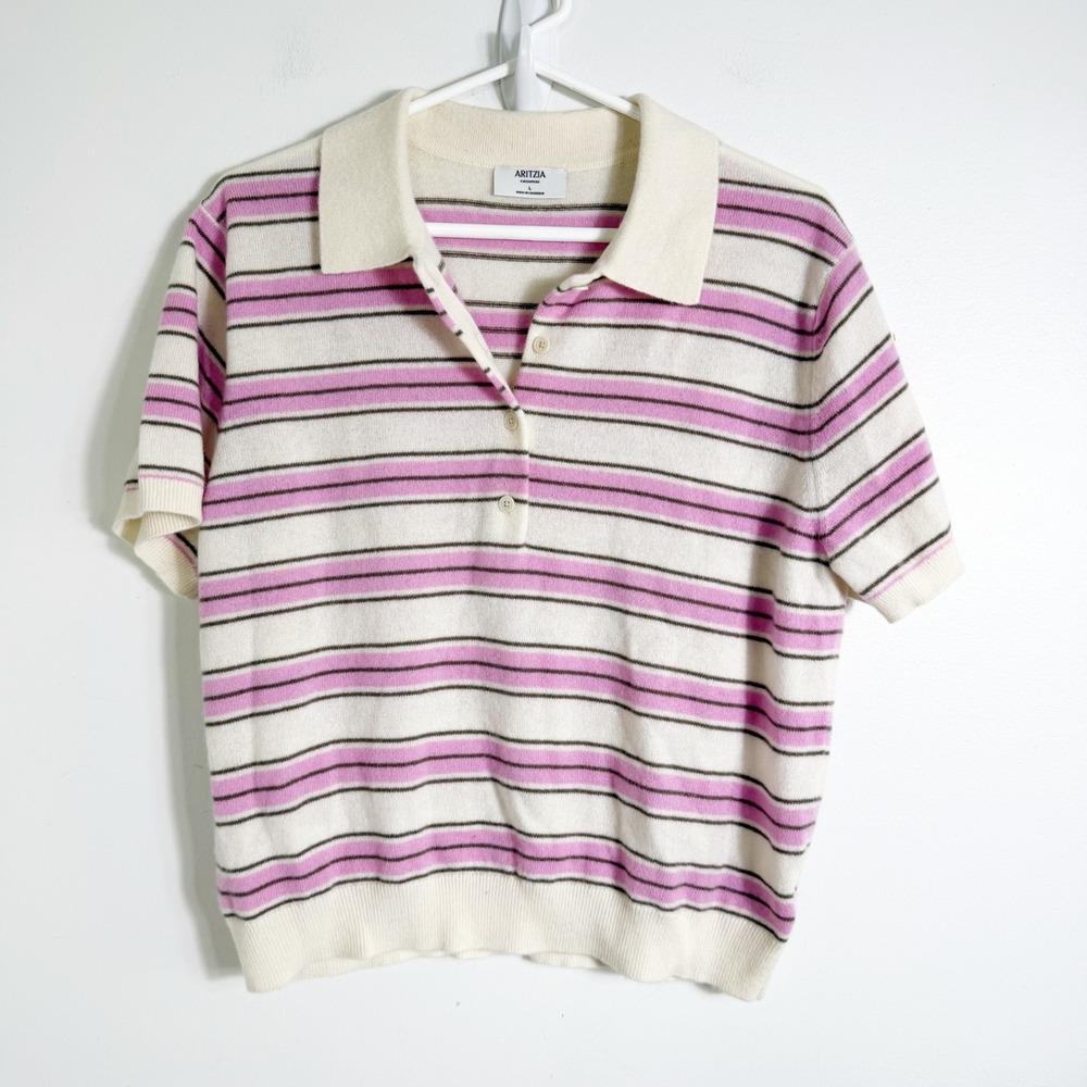 Aritzia Bare Cashmere Cellini Polo Sweater Short Sleeve Women Large Pink Striped